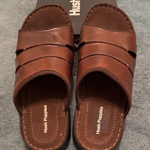 Hush Puppies Men's Leather Slide Sandals, Brown, 9-NEW NEVER WORN